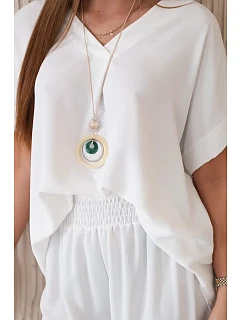 Komplet s náhrdelníkem halenka + kalhoty bílý