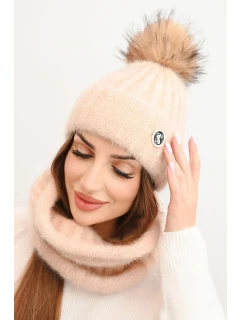 Dámska zimná súprava s bambulou a ohrievačom krku béžová