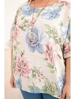 Dámská bavlněná halenka Plus Size s krátkým rukávem a květinovým vzorem béžová