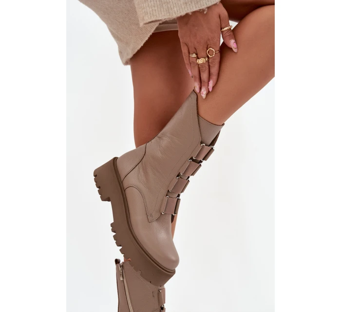 Botki Damskie Z Naturalnej Skóry Na Platformie Zazoo 3795 Beżowe