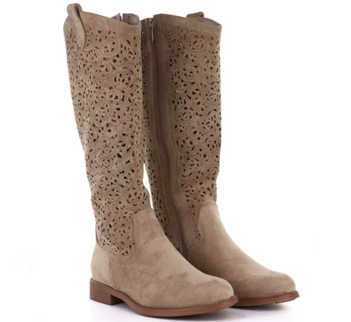Béžové ažurové dámské kozačky model 22013131 - S.Barski