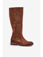 Zamszowe Kozaki Damskie Do Połowy Łydki Na Zamek Lewski 3616 Brązowe