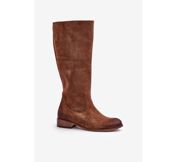 Zamszowe Kozaki Damskie Do Połowy Łydki Na Zamek Lewski 3616 Brązowe