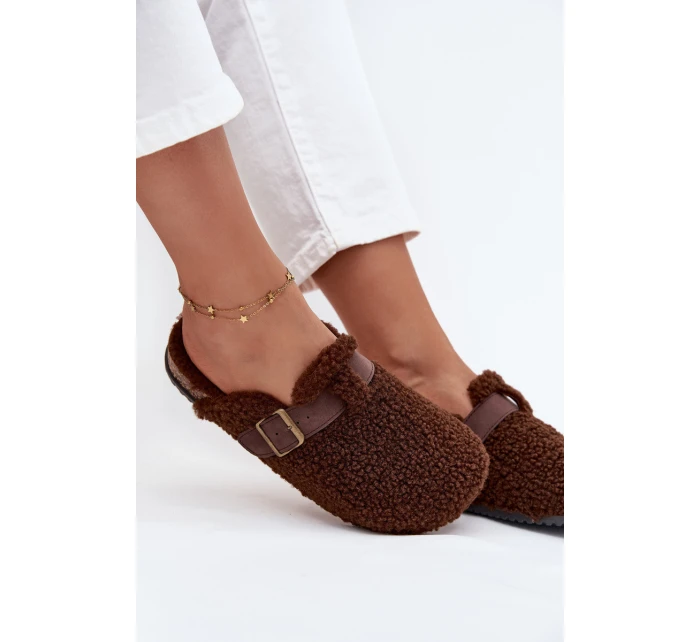 Klapki Damskie Z Futerkiem Typu Baranek Brązowe Lorivine