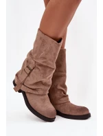 Kozaki Damskie Z Wywiniętą Cholewką Do Połowy Łydki Z Klamrą Khaki Minelle Kozaki Damskie Z Wywiniętą Cholewką Do Połowy Łydki Z Klamrą Khaki Minelle
