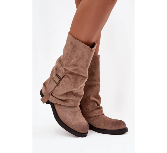 Kozaki Damskie Z Wywiniętą Cholewką Do Połowy Łydki Z Klamrą Khaki Minelle Kozaki Damskie Z Wywiniętą Cholewką Do Połowy Łydki Z Klamrą Khaki Minelle