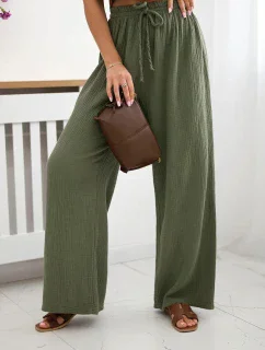 Mušelínové nohavice so širokými nohavicami khaki