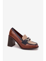 Półbuty Damskie Na Słupku Z Tłoczeniem I Złotym Detalem Beżowo-Brązowe Novella