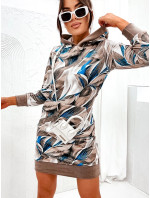 Cappuccino velúrové šaty s kapucňou a listovým vzorom (8250)