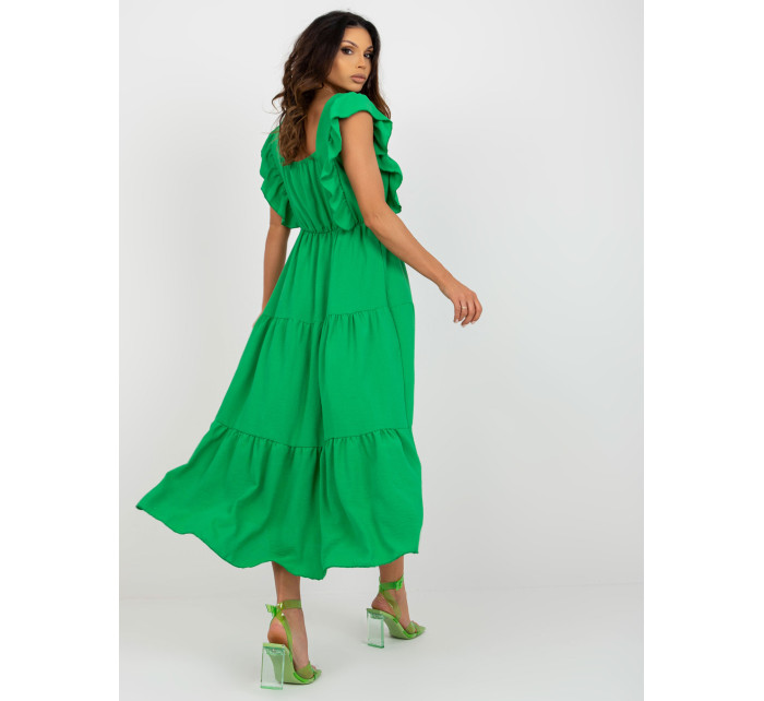 Zelené midi šaty s volánmi na rukávoch