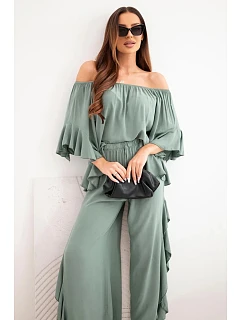 Dámský viskózový boho komplet s volány khaki