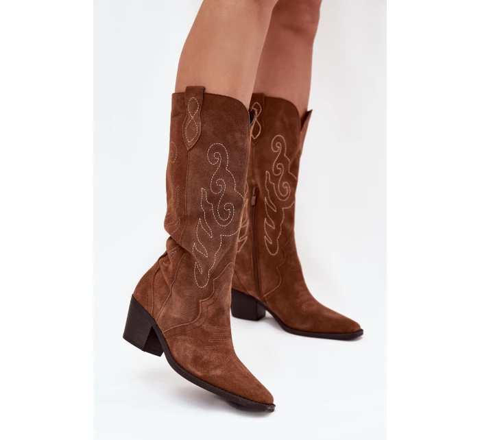 Zamszowe Kozaki Kowbojki Damskie Na Obcasie Camel Karira