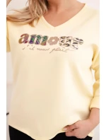 Dámská mikina Plus Size s nápisem a výstřihem do V žlutá