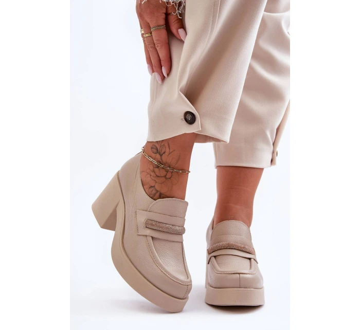 Skórzane Półbuty Na Słupku Z Ozdobą Beżowe Lemar Gelanor Skórzane Półbuty Na Słupku Z Ozdobą Beżowe Lemar Gelanor