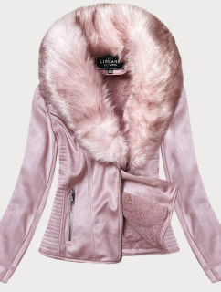 Dámska semišová bunda ramoneska v púdrovo ružovej farbe s kožušinou (6501BIG)