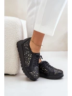 Zazoo 2973 Skórzane Półbuty Na Platformie Z Ażurowym Wzorem Czarne