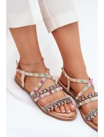 Sandały Damskie Ze Zdobieniem I Plecionymi Paskami Beżowe Delyra Sandały Damskie Ze Zdobieniem I Plecionymi Paskami Beżowe Delyra