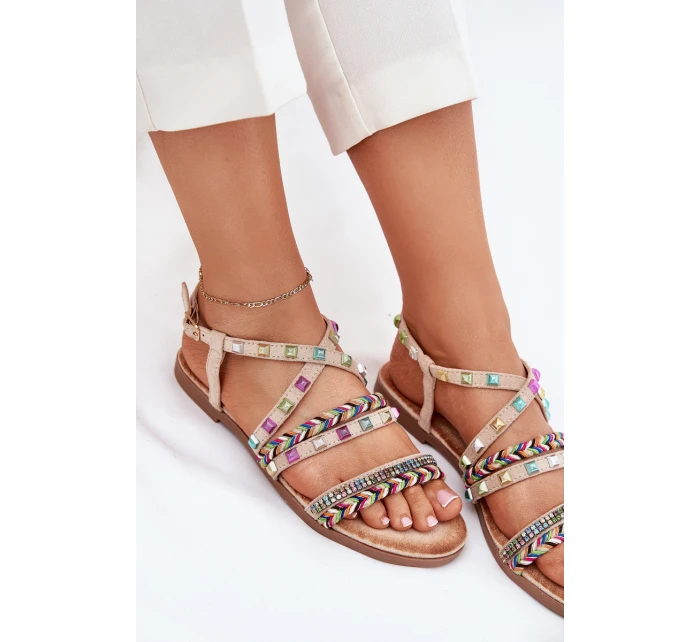 Sandały Damskie Ze Zdobieniem I Plecionymi Paskami Beżowe Delyra Sandały Damskie Ze Zdobieniem I Plecionymi Paskami Beżowe Delyra