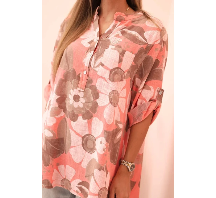 Dámske bavlnené tričko s 3/4 rukávmi s gombíkom a vreckom malinová