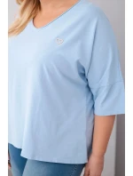 Plus veľkosť dámske bavlnené nadrozmerné blúzka s V-výstrihom modrá