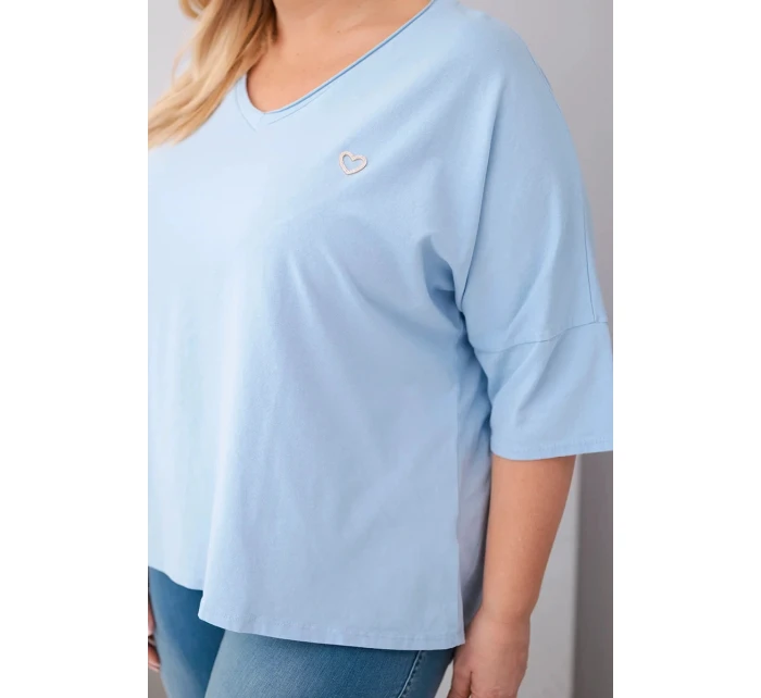 Plus veľkosť dámske bavlnené nadrozmerné blúzka s V-výstrihom modrá