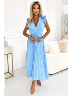 543-2 Plisované midi šaty s výstrihom a jemnými volánikmi - MODRÉ