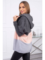Trojfarebný sveter s kapucňou grafitová+púdrová ružová+sivá