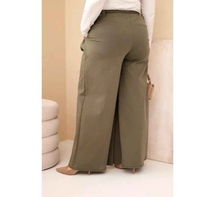 Plus veľkosť dámske široké nohavice s ozdobným kvetom v páse Khaki