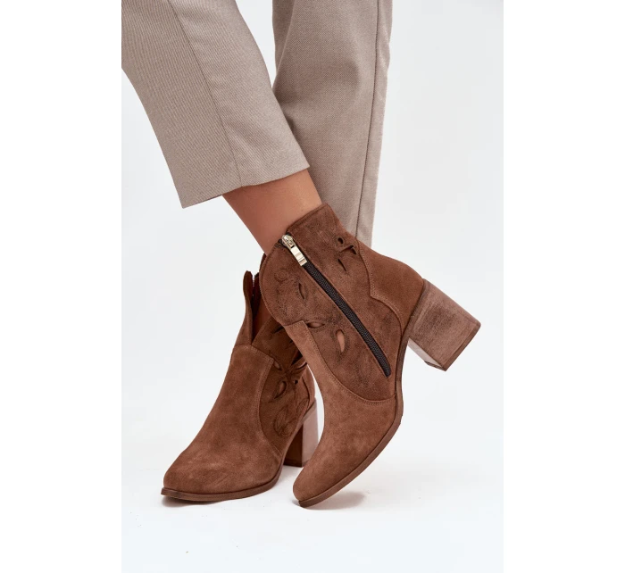 Botki Damskie Ażurowe Z Naturalnego Zamszu Na Słupku Zazoo 3690 Brązowe