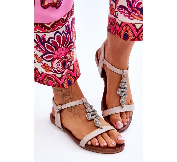 Skórzane Sandały Z Ozdobnym Wężem S.Barski KV-5541-42 Beżowe