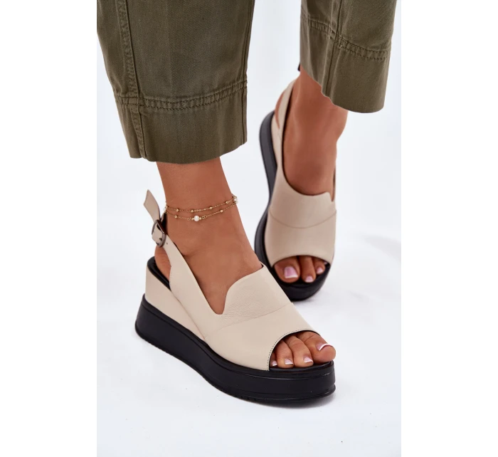 Skórzane Damskie Sandały Na Koturnie Artiker 54C0401 Beżowe Skórzane Damskie Sandały Na Koturnie Artiker 54C0401 Beżowe