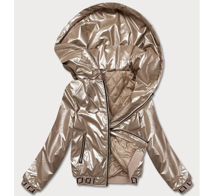 Krátka béžová dámska bunda s kapucňou (B8077-101)