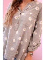 Dámska ľanová blúzka s kvetinovým vzorom, dlhými rukávmi a gombíkmi s kapucňou