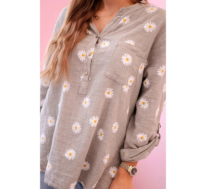 Dámska ľanová blúzka s kvetinovým vzorom, dlhými rukávmi a gombíkmi s kapucňou