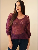 Dámský svetr z 80 % z mohairu model 22358339 s výstřihem do V švestková - K-Fashion Dámský svetr z 80 % z mohairu model 22358339 s výstřihem do V švestková - K-Fashion