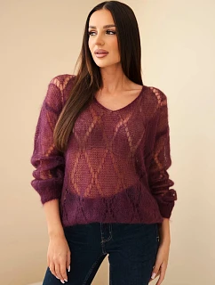 Dámský svetr z 80 % z mohairu model 22358339 s výstřihem do V švestková - K-Fashion