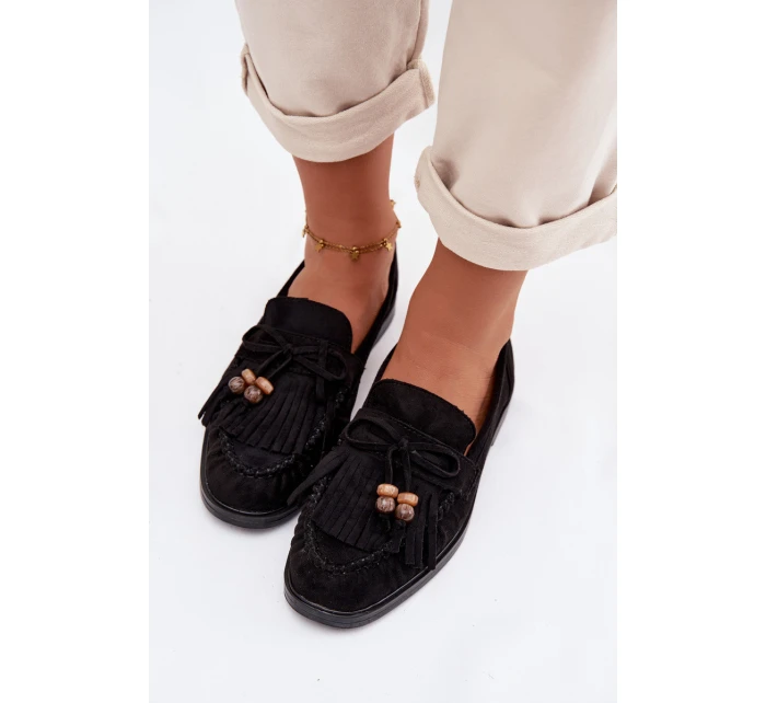 Dámské mokasíny s třásněmi a korálky Černé model 21937649 - Boto