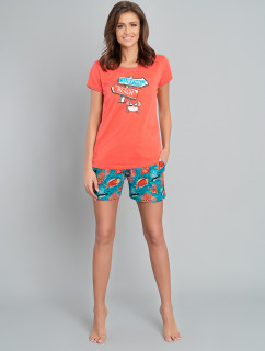 Dámske pyžamo Oceania, krátky rukáv, krátke nohavice - koralová/potlač