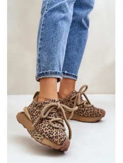 Zamszowe Sneakersy Damskie Na Platformie Z Grubym Sznurowaniem Panterka Artiker 55C0135 Brązowe