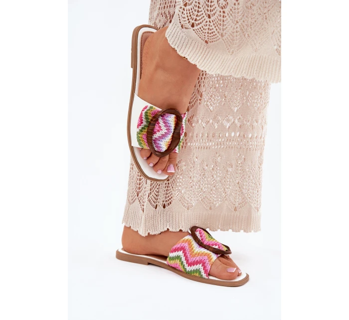 Klapki Damskie Płaskie Z Ozdobną Klamrą Białe Luwam Klapki Damskie Płaskie Z Ozdobną Klamrą Białe Luwam