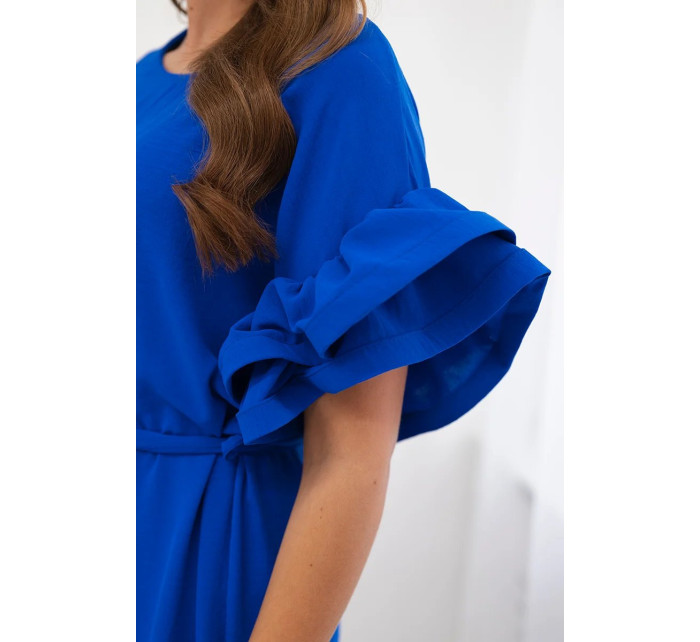 Šaty so zaväzovaním v páse s ozdobnými rukávmi chrpovo modré