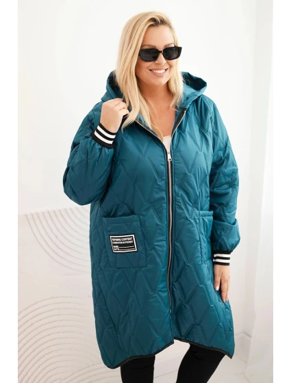 Dámská bunda Plus Size prošívaná s kapucí a model 22314657 manžetami mořská - K-Fashion
