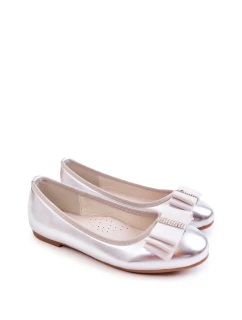 Skórzane Dziecięce Baleriny Z Ozdobną Kokardą Srebrne Claril