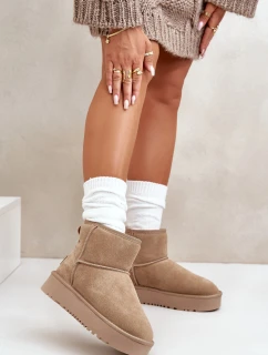 Skórzane Zamszowe Śniegowce Na Platformie Za Kostkę Beżowe Rianaella