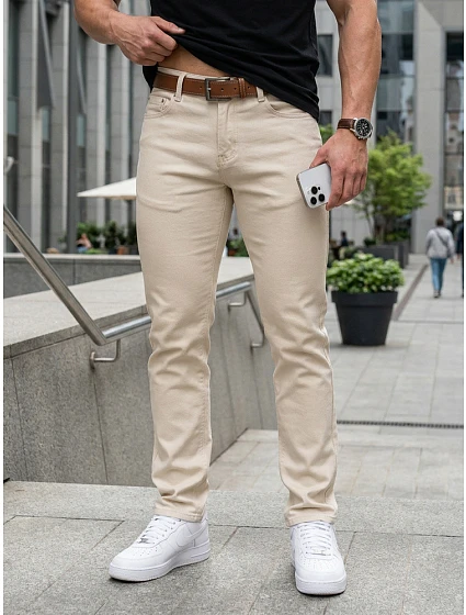 Pánske slim fit džínsy s opaskom béžové FashionStreet UX4493