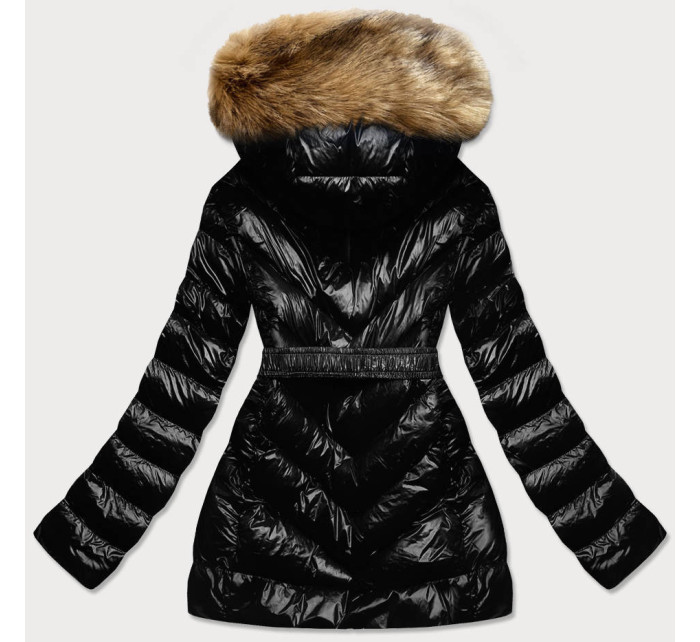 Čierno-hnedá lesklá zimná bunda s machovitou kožušinou (W673)