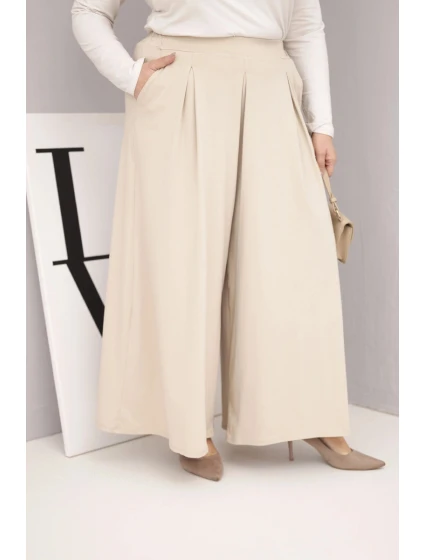 Dámské bavlněné kalhoty Plus Size s širokými nohavicemi a volným střihem béžové Dámské bavlněné kalhoty Plus Size s širokými nohavicemi a volným střihem béžové