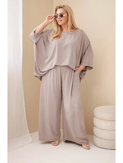 Dámský plus size viskózový komplet se širokými kalhotami a halenkou fango