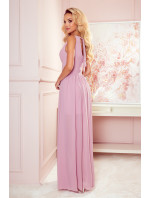 JUSTINE - Dlhé dámske šaty v púdrovo ružovej farbe s výstrihom a zaväzovaním 362-3