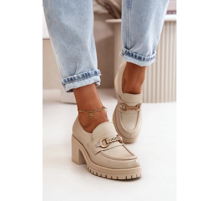 Zazoo 20175 Półbuty Damskie Na Słupku Skóra Naturalna Jasnobeżowe